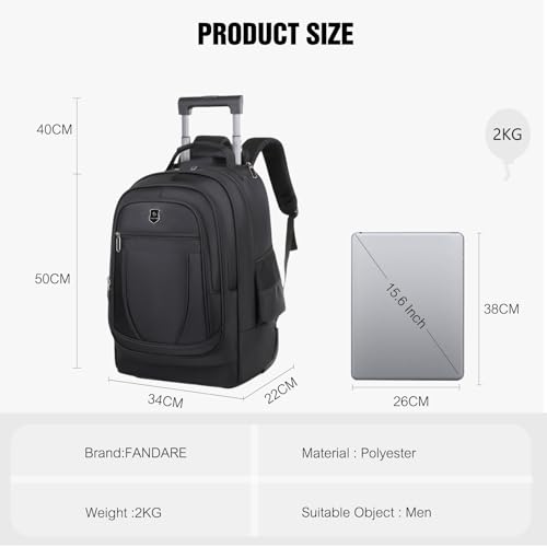 FANDARE 35L Rolling Laptop Backpack 2-in-1 Trolley Convertible Luggage Backpack with Wheels Travel Daypacks Multi-Functional Carry-On for Business Travel Trip Men Outdoor Urban Backpacks Black - color: Black