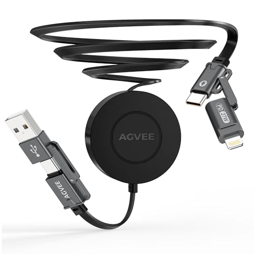 AGVEE 1ft Fixed / 2.3ft Extend One-End Retractable Multi Charging Cable | 4 in 1, Desk Mount, Pocket Size, 60W Fast Multiple Phone Charger for iPhone 17 to 5, Android Devices, Cord Organizer - size: 1ft Fixed / 2.3ft Extend, style: 4 in 1 Multi
