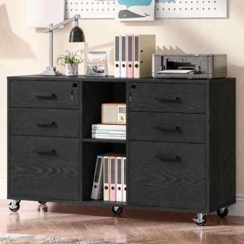 Halitaa Lateral File Cabinet with Lock, Large Mobile Storage Filing Cabinet with 6 Drawers Fits Files Letter/A4 Size, Rolling Printer Stand with Open Storage Adjustable Shelf for Home Office, Black - color: Black