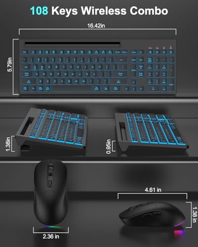 Wireless Keyboard and Mouse Combo, 7 Backlit Effects, Light Up Letters, Rechargeable, Phone Holder, 6 Button Mouse, Ergonomic Tilt Angle, 2.4GHz Silent USB Keyboard Mouse for Laptop, PC - color: Matte Black