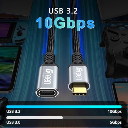 Green Jiss® USB C Extension Cable 10ft, 20Gbps/4K@60Hz, Video Heavy Duty USB3.2 Gen2 Extender Male to Female Full Function Ultra-High Speed Transfer USB Type C Extender 240W Fast Charging Cable - size: 10 FT