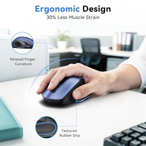 TECKNET Wireless Mouse for Laptop, Dual-Mode Bluetooth Wireless Mouse | (BT5.2/3.0 & 2.4G) Connection, Ergonomic Design, 5-Level DPI, Silent Click, Compatible with Laptop/PC/Windows/Chromebook - color: Blue