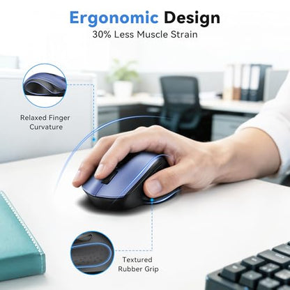 TECKNET Wireless Mouse for Laptop, Dual-Mode Bluetooth Wireless Mouse | (BT5.2/3.0 & 2.4G) Connection, Ergonomic Design, 5-Level DPI, Silent Click, Compatible with Laptop/PC/Windows/Chromebook - color: Blue