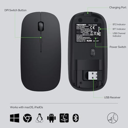 TECKNET Bluetooth Wireless Mouse for Laptop, Rechargeable Silent Computer Mouse (Bluetooth 5.2/3.0 & 2.4G), Ultra-Thin, 6-Level Adjustable 4800 DPI Bluetooth Mouse for Mac OS, iPad, Windows, Android - color: black