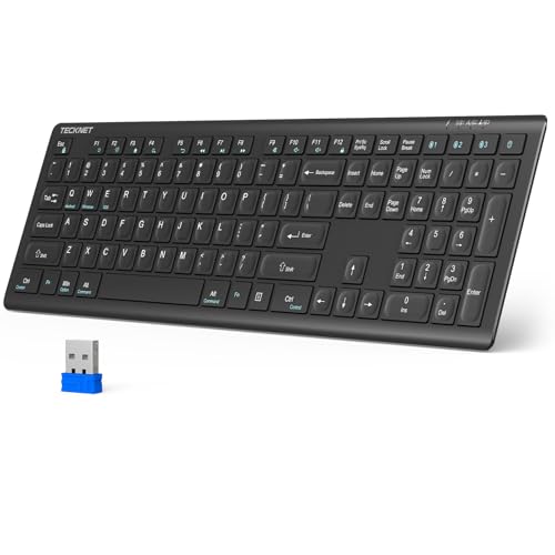 TECKNET Bluetooth Keyboard Rechargeable Ultra-Slim Full Size | 4-Device (2.4G+BT), 12 Hotkeys, Quiet Typing Wireless Computer Keyboard with Stand for PC/Laptop/Smart TV/Phone/Tablet - color: All Black
