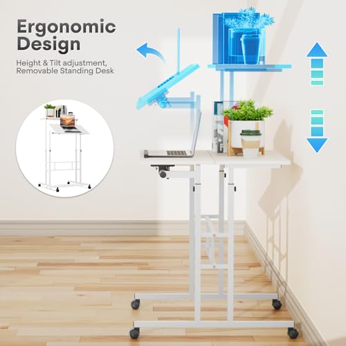 Athena Collection Rolling Standing Desk Small Mobile Table, White | 4 Lockable Wheels, Engineered Wood Split Top, Adjustable Height for Home Office Computer Workstation - color: White
