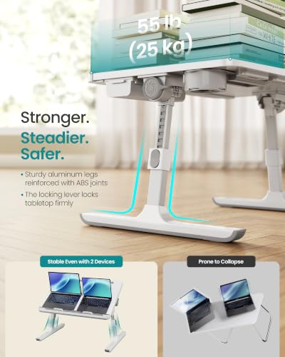 SONGMICS Bed Laptop Desk, Foldable Bed Desk for Laptop, 15.7 x 22 Inches Large Desktop, 120° Stepless Tilt, Adjustable Height, Cup Holder, Tray, Portable Sofa Table, White ULLD113WB01 - color: White