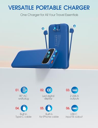 Nusyddy Portable Charger 12000mAh Fast Charging w/Built-in Wall Plug Navy | 22.5W Fast Charging, LED Display, Pass Through Charging, TSA Approved, Portable & Slim, Power Bank for iPhone, Samsung - color: Steel Blue