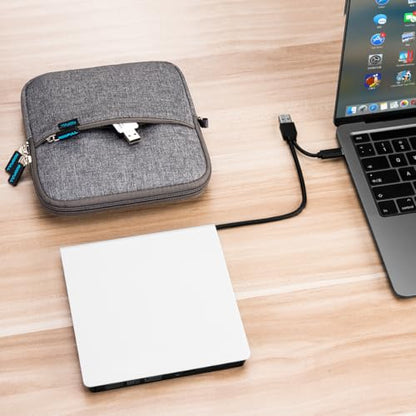 ROOFULL External CD DVD Drive for Mac Laptop USB 3.0 & USB-C | With Carrying Case, Portable CD DVD Burner Reader Writer Player ROM+/-RW Disc Drive for Apple MacBook Windows PC Computer - style: 2 In 1 Drive (White) + Carrying Case