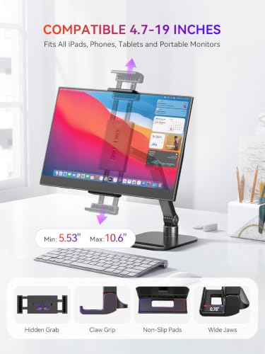 UPERFECT Portable Monitor & Tablet Stand, Heavy-Duty Carbon Steel Mount | Adjustable Clamp, Fits 4.7–19" Devices, 360° Rotation, Foldable Desk Mount for iPad, Phone, Tablet & Travel Use - size: 19 inch