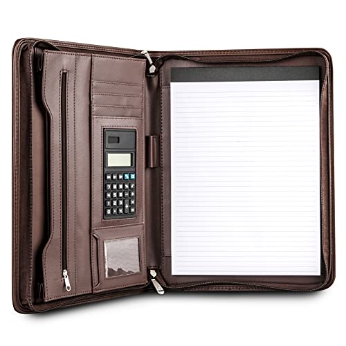 Cossini Premium Business Portfolio with Zipper – Padfolio - Superior Business Impressions Begin with PU Vegan Leather, 10.1 Inch Tablet Sleeve, Smart Storage, Solar Calculator, Writing Pad -Brown - color: Brown