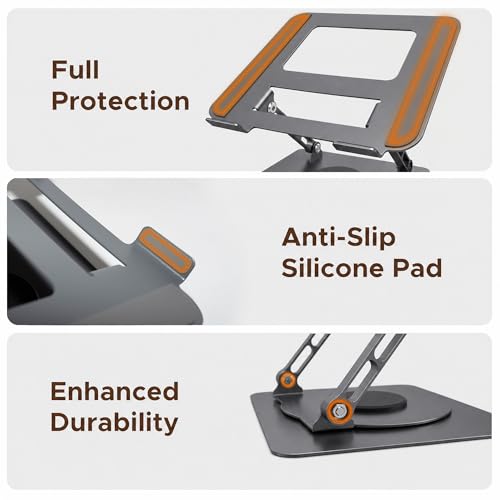 Aluminum Laptop Stand for Desk, Heavy Duty Computer Stand with 360° Rotating Base, Ergonomic Adjustable Height Notebook Riser, Compatible with MacBook Pro/Air, Dell, HP, 10-17” Laptops - Grey - color: Space Gray