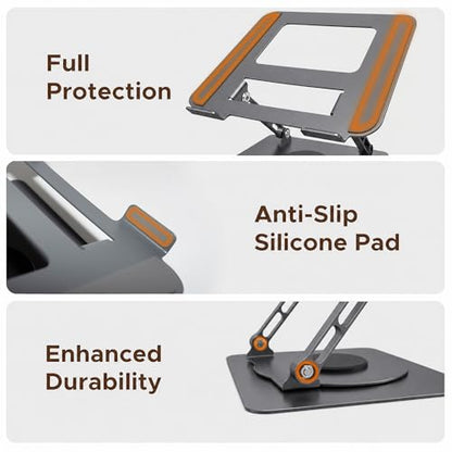Aluminum Laptop Stand for Desk, Heavy Duty Computer Stand with 360° Rotating Base, Ergonomic Adjustable Height Notebook Riser, Compatible with MacBook Pro/Air, Dell, HP, 10-17” Laptops - Grey - color: Space Gray