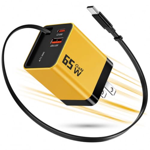 65W GaN USB C Charger with Retractable Charging Cable, 3-Port Power Adapter | Fast travel charger for MacBook, iPhone 17 16 15, Samsung Galaxy S25/S24, iPad, multi port compact wall charging block,Yellow - color: Yellow