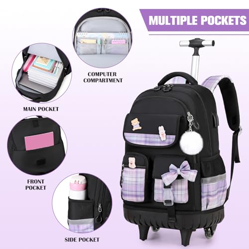 ACESAK Rolling Backpack for Girls - Roller Wheels School bag with Lunch Bag & Pencil Pouch for Teen Girls Kids Wheeled Suitcase Backpacks, Elementary Middle School Travel Daypack (Black Purple) - color: Black