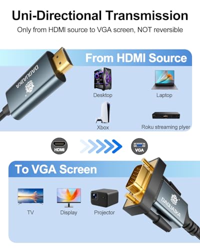 HDMI to VGA Cable Adapter [6ft], 1080P@60Hz Uni-Directional HDMI (Source) to VGA (Display) Monitor Cable (Male to Male) Compatible for Computer, Desktop, Laptop, PC, Monitor, Projector, HDTV, Roku - style: HDMI to VGA