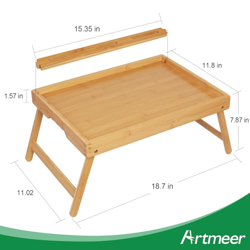Artmeer Bamboo Bed Tray, Folding Legs, Phone/Tablet Slot, Medium, Bamboo | FSC-certified bamboo bed tray with phone/tablet slot, folding legs, handles and raised edges for meals, laptops and reading. - color: Bamboo, size: Medium