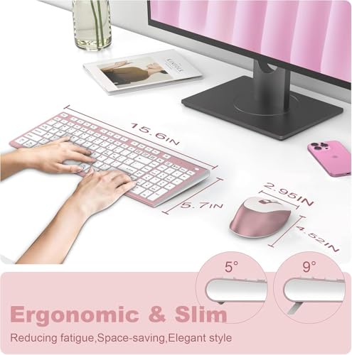 Rechargeable Wireless Keyboard and Mouse, with Number Pad Rose Pink | Quiet Silent, Slim Thin Flat Low Profile Soft Key, USB C, with Skin Cover, Ergonomic Mouse, for Mac Windows PC, Home Office - color: Pink Rose Gold