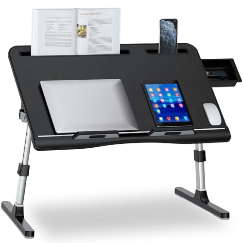 Laptop Bed Desk, X-Large Leather Adjustable Computer Bed Table Tray, Foldable Laptop Lap Desk for Bed Sofa Couch Floor Writing Eating Working with Drawer 2 Movable Stoppers (23.6 inch, Black) - color: Black