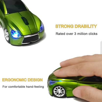 Car Mouse for Computer, Wireless Car Shaped Mice for Laptop, PC, Mini Cute Mouse with 2.4Ghz USB Receiver, 3D, 1600DPI, Silent Clicks, LED Headlights (Green) - color: Y-Green