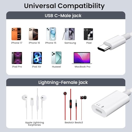 USB C to Lightning Headphone Audio Adapter, USB C Male to Lightning Female Earbuds Audio Adapter Compatible with iPhone 17/16/16e/15 Plus/Pro/Max, iPad Pro, iPad Air 6/5, MacBook (No Charge)[2 Pack] - color: 2Pcs-White