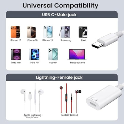 USB C to Lightning Headphone Audio Adapter, USB C Male to Lightning Female Earbuds Audio Adapter Compatible with iPhone 17/Air/16/16e/15 Plus/Pro/Max/15, iPad Pro, iPad Air 6/5/4, MacBook (No Charge) - color: White