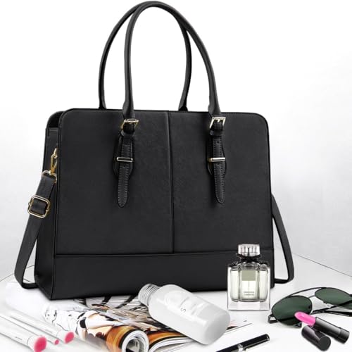 Laptop Bag for Women 15.6 Inch Leather Work Tote Briefcase Business Computer Shoulder Bag Large Capacity Waterproof Office Messenger Handbag Professional Teacher Nurse Carryall - color: Black