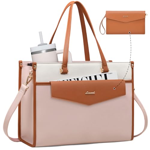 LOVEVOOK Laptop Tote Bag Women 2-in-1 Work Purse Computer Briefcase Handbag | Envelope Wristlet Clutch, Professional Work Bag for Business Office Teacher College Commute, Large PU Leather Messenger Bag - color: Beige-coffee-pink, size: 15.6 inch