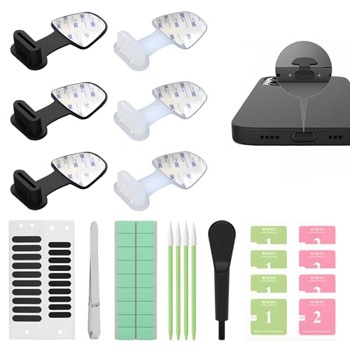 6PCS Anti-Lost USB C-Type Anti Loss Dust Plugs, for iPhone 16 15 Pro Max Plus All USB C Ports,USB C Charging Port Dust Covers,USB C-Type Port Silicone Dust Covers, with Cell Phone Cleaning Kit