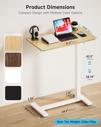 BIZUM Adjustable Bedside Table with Swivel Hidden Wheels Pneumatic Rolling Desk Mobile Standing Desk with Cup Holder for Hospital Home(31.5"x15.8" Maple) - color: Maple, size: 31.5"x15.8"
