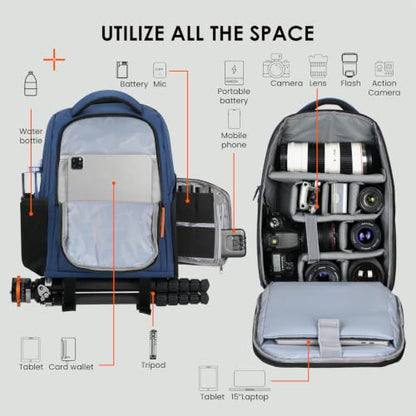 TARION Camera Backpack for Photographers Compact 15L, TB04 Blue | 15 Inch Laptop Compartment, Side Access Quick Draw, Anti-theft Hidden Pocket, Tripod Holder, Rain Cover, Travel-Friendly - color: Blue