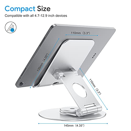 OMOTON Swivel Tablet Stand for iPad with 360 Rotating Base, Foldable Adjustable Holder for Drawing, Compatible with iPad Pro/Air/Mini and More, Silver | Aluminum Foldable Mount with Rotating Base, Desk Kitchen Drawing Travel, Fits iPad Pro/Air Samsung, Ki