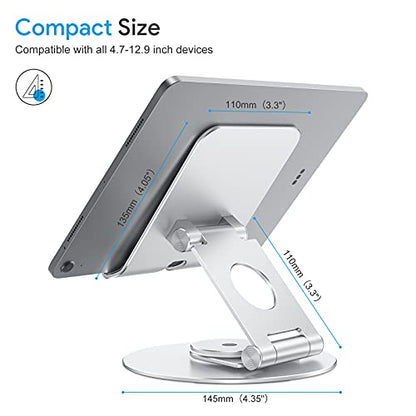 OMOTON Swivel Tablet Stand for iPad with 360 Rotating Base, Foldable Adjustable Holder for Drawing, Compatible with iPad Pro/Air/Mini and More, Silver | Aluminum Foldable Mount with Rotating Base, Desk Kitchen Drawing Travel, Fits iPad Pro/Air Samsung, Ki
