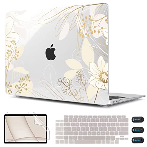 CISSOOK Compatible with MacBook Air 13 inch Case 2021 2020 2019 2018 | A2337 A2179 A1932, Plastic Hard Shell Case Keyboard Cover Screen Protector for MacBook Air 13.3 inch M1, Golden Flowers - color: Golden Flowers