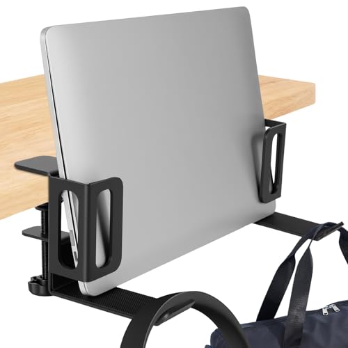 Desk Side Laptop Holder, Vertical Desk Side Storage Laptop Holder, Adjustable Laptops Mount with Headphone Hooks, No Drill Clamp for Laptops,Tablets,Keyboards,Backpack (Black)