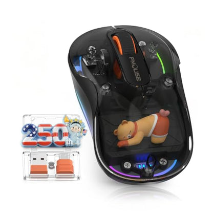 FMOUSE Transparent Wireless Mouse, 2 Cute 2026 Figurines, Tri-Mode, Black | Rechargeable | USB-A & USB-C Receivers for Mac, iPad, Laptop | 2.4G & Dual Bluetooth | Silent Clicks | RGB | Portable - color: Black