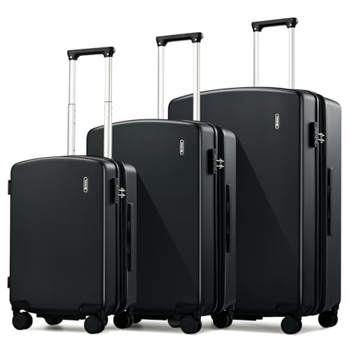 Hanke Expandable Luggage Sets 3 Piece, 20/24/28 Inch Hard Shell Suitcase | PC Hard Shell, 8 Spinner Wheels, TSA Lock, Side Hook, Wet Pocket, Nestable Storage, Family & Couple Travel - color: Jet Black, size: 20+24+28 Inch EXT