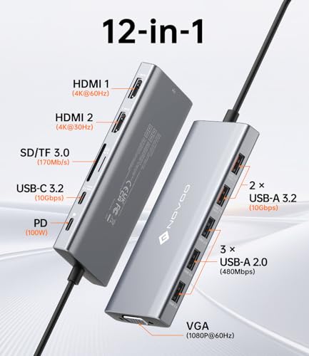 NOVOO 12-in-1 Docking Station Dual Monitor, USB C Hub with HDMI 4K, VGA | Laptop Docing Station with USB 10Gbps, SD/TF, 100W PD, Multiport Adapter Compatible with MacBook Dell HP Surface - style: 12-in-1