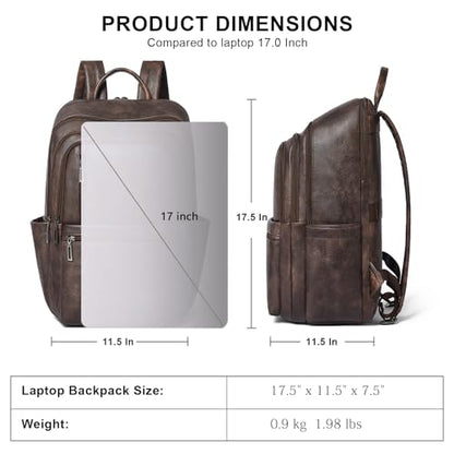 Leather 17 inch Laptop Backpack for Women, Large Travel Backpack Purse for Casual Daypack College Work Bag - color: Coffee