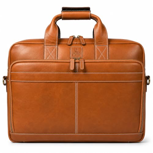 Full Grain Leather Messenger Bag for Men, 16” Briefcase Laptop Satchel Vintage Professional Office Work & Travel Bag - color: Tan