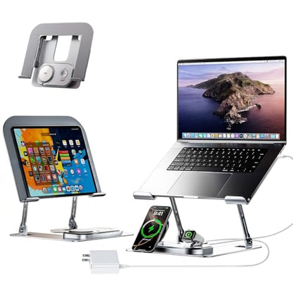 Adjustable Laptop Stand with Wireless Charger, 3-in-1 Charging Station for Phone and Watch, Ergonomic Aluminum Notebook Riser with LED Light, Qi2 Fast Charging (Silvery)