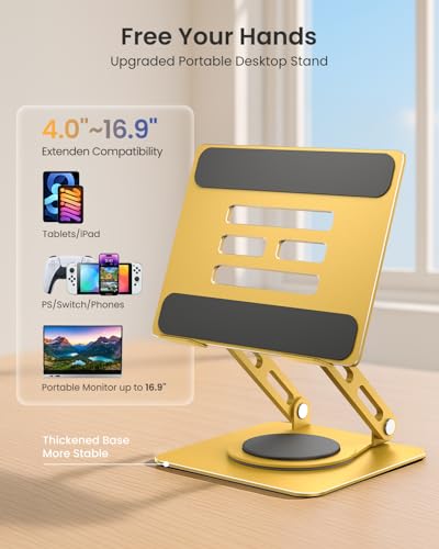 LOXP Adjustable Tablet Stand, 360 Rotating iPad Stand with Heavy-Duty Base | Perfect for Travel, Desk, Office, 4.7-16.9" Device, iPad Pro Air Mini, Kindle, Surface Tablet, Portable Monitors - Gold - color: Gold