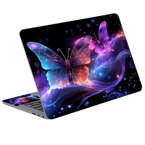 Universal Laptop Skin Sticker Decal with 2 Wrist Pad Skins, Waterproof Scratch Vinyl Cover for 11–15.6 Inch MacBook, HP, Dell, Lenovo, Cutable & Reusable,Glowing Neon Butterfly - color: Glowing Neon Butterfly