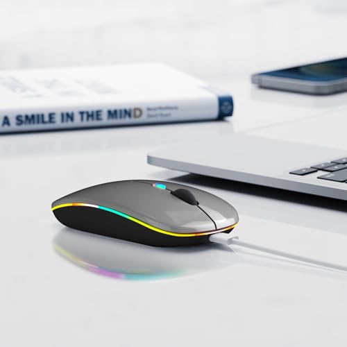 Wireless Bluetooth Mouse, Rechargeable, LED, Silent, Ultra-thin Design (Bluetooth 5.2 and 2.4GHz USB Receiver) | Portable Computer Mouse for Laptops, iPads, MacBooks and Apple Devices (Grey) - color: Grey
