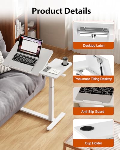 Overbed Table with Wheels, Pneumatic Lift, Foldable Top (White) | 0-70° Tilt Desktop Bedside Table, Hidden Casters,1.18 In Low-Profile Base Slides Under Beds and Sofas, Holds 88 Lbs - color: White