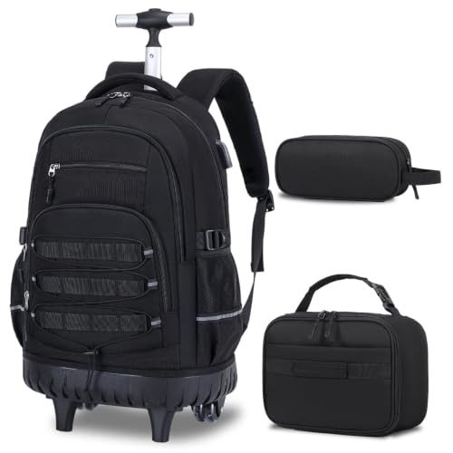 ACESAK Camo Rolling Backpack Boys, Tactical Kids Backpack Boys, Kids Suitcase for Boy Teens Elementary Middle High School, Military Backpack with Wheels and Lunch Bag Pencil Case Set (Black) - color: Black