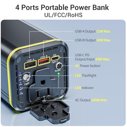 Portable Laptop Station for 27000mAh 98Wh, Power Bank with AC Outlet 65W PD Fast Charging External Battery Pack, Mini Portable Power Station for MacBook Dell HP Travel Camping, Yellow