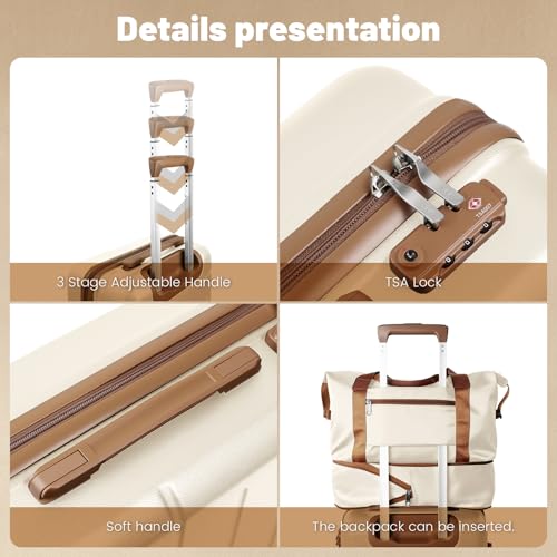 3-Piece Luggage Set with Carry On Luggage Set 22x14x9 Airline Approved, ABS Hardside Suitcase with 8 Spinner Wheels & TSA Lock, Expandable Suitcase for Men & Women (20/TB/DB Beige) - color: Beige, size: (20/DB/TB)-Expandable
