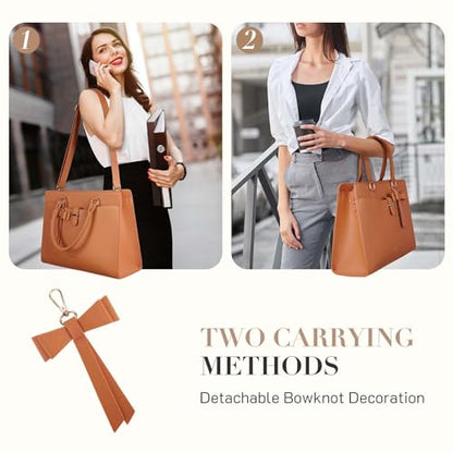 Missnine Laptop Tote Bag for Women 15.6 Inch Leather Work Bags Teacher Computer Purse Briefcase Handbag for Office, Travel - color: Bow Brown