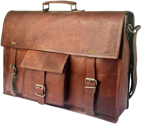 Leather Messenger Bag for Men, 18" Laptop Briefcase, Vintage Satchel, Large | Crossbody Bag Fits 17.3" Laptop, Organized Pockets, Adjustable Shoulder Strap, Buckle Closure, Travel Trolley Strap, Large - color: 18 Inches (Brown)